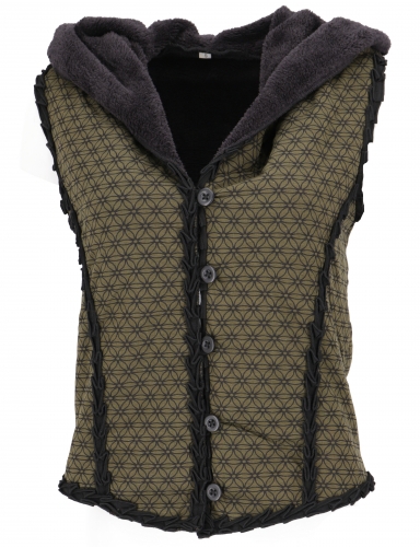 Short Goa vest with wide, fluffy hood `Flower of Life` - olive green/black