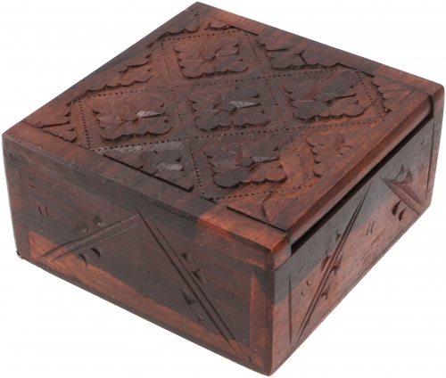 Beschnitzte kleine Schatztruhe,  quadratische Holzschachtel, Schmuck Dose, Schatzkiste - Modell 19 - 4,5x9,5x9,5 cm 