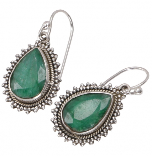Indian boho silver earrings, drop-shaped earrings - emerald - 3x1x0,7 cm 