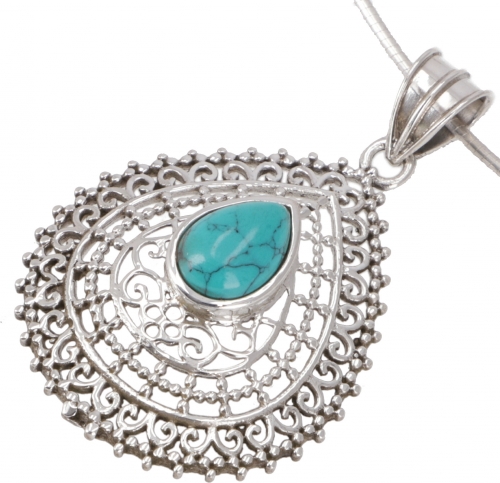 Ethno silver pendant, openwork Indian pendant - turquoise - 4x3 cm
