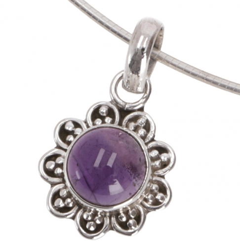 Boho silver pendant, Indian chain pendant, silver flower pendant - amethyst - 2 cm 1,5 cm
