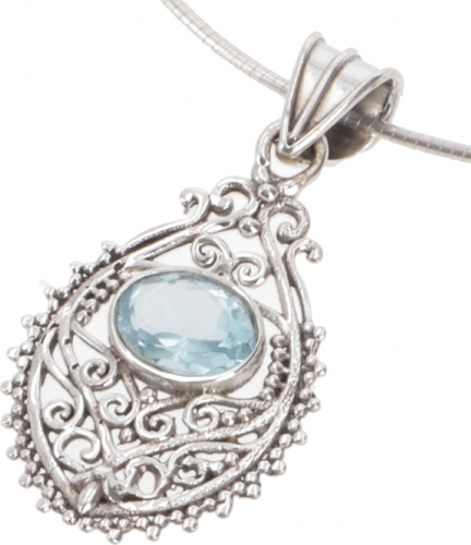 Ethno silver pendant, openwork Indian boho pendant - aquamarine - 3,5x2 cm