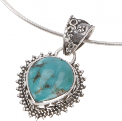 Ethno silver pendant, Indian boho chain pendant - Tibetan turquoise - 2x1,5x0,7 cm 