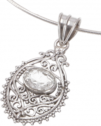 Ethno silver pendant, openwork Indian boho pendant - rock crystal - 3,5x2 cm