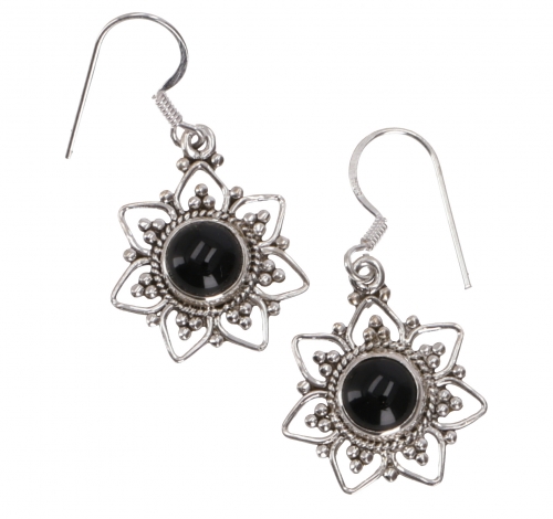 Boho silver earrings brazilian sun, ethno earrings - onyx - 2,5 cm 1,8 cm