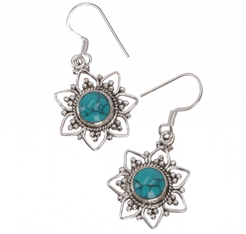Boho silver earrings Brazilian sun, ethno earrings - turquoise - 2,5 cm 1,8 cm