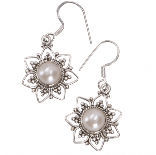 Boho silver earrings brazilian sun, ethno earrings - pearl - 2,5 cm 1,8 cm