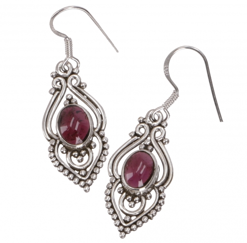 Boho silver earrings, Indian silver tube rings - garnet - 3x1,5x0,7 cm 