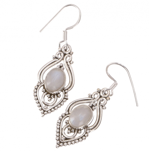 Boho silver earrings, Indian silver tube rings - moonstone - 3x1,5x0,7 cm 