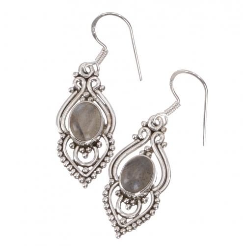 Boho silver earrings, Indian silver tube rings - labradorite - 3,5x1,5x0,7 cm 