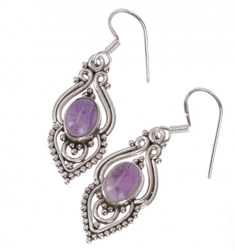 Boho silver earrings, Indian silver hoop earrings - amethyst - 3x1,5x0,7 cm 