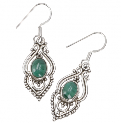 Boho silver earrings, Indian silver tube rings - malachite - 3x1,5x0,7 cm 