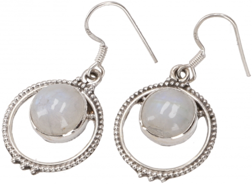 Boho silver earring, creole with pretty moonstone 1,5 cm
