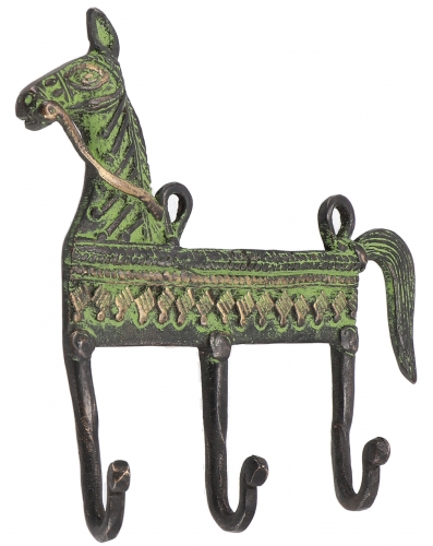 Filigree decorated 3` brass wall hook, wall coat rack, key holder, coat hook - horse/antique green - 14x14x3,5 cm 