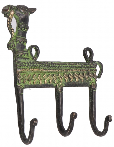 Filigree decorated 3` brass wall hook, wall coat rack, key holder with engraving - camel/antique green - 13x13x3,5 cm 