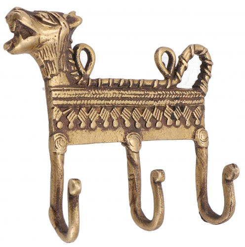 Filigree decorated 3` brass wall hook, wall coat rack, key holder with engraving - dog/brass - 11x13x3,5 cm 