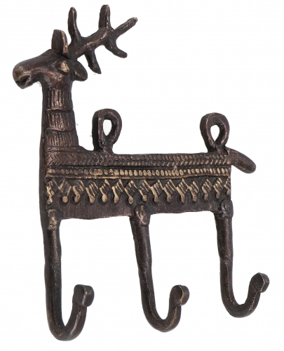 Filigree decorated 3` brass wall hook, wall coat rack, key holder with engraving - stag/antique brown - 13x13x3,5 cm 