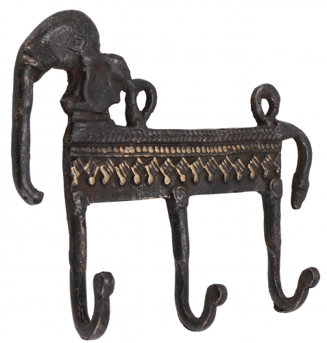 Filigree decorated 3` brass wall hook, wall coat rack, key holder with engraving - elephant/antique brown - 12x12x3,5 cm 
