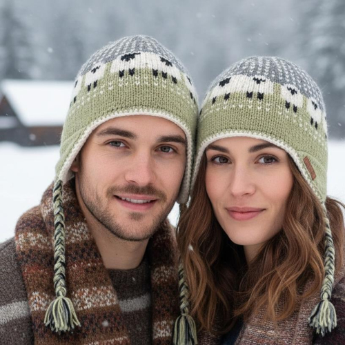 Wollm�tze mit Ohrenklappen, Norwegerm�tze, Winterm�tze Sheep - hellgr�n