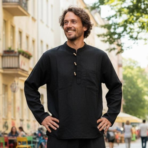 Nepal Fischerhemd, Goa Hippie Hemd, Yogahemd, Freizeithemd - schwarz