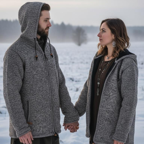 Unisex wool cardigan from Nepal, warm lined cardigan gray mottled - model 3