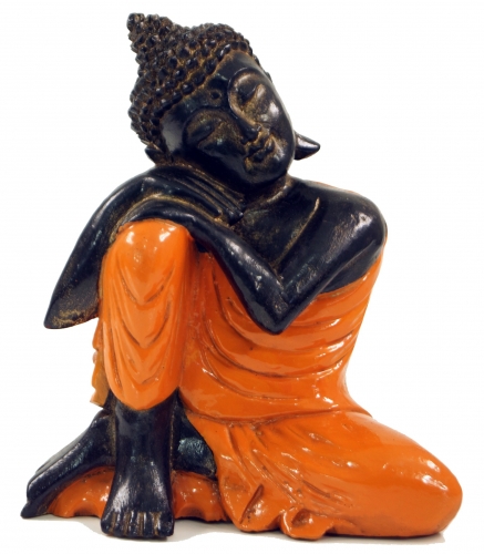 Geschnitzte sitzender Buddha Figur, trumender Buddha - orange/links - 28x21x12 cm 