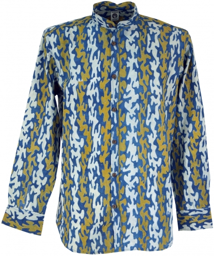 Freizeithemd, Goa Boho Hemd, Langarm Herrenhemd mit afrikanischem Druck, Stehkragenhemd - indigo/curry
