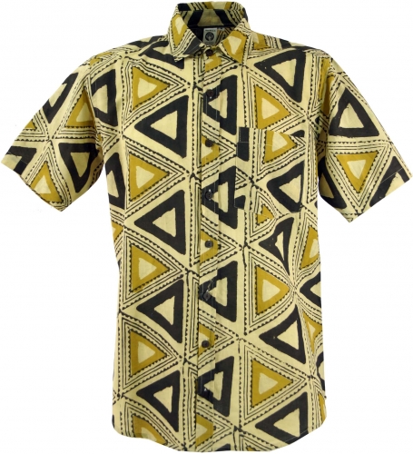 Freizeithemd, Goa Hippie Hemd, Kurzarm Herrenhemd mit afrikanischem Druck - beige