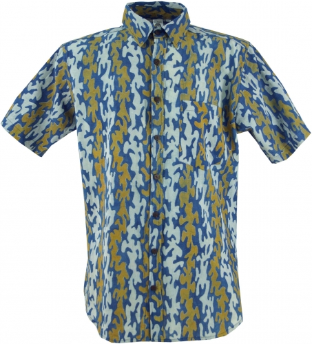 Freizeithemd, Goa Hippie Hemd, Kurzarm Herrenhemd mit afrikanischem Druck - curry/indigo