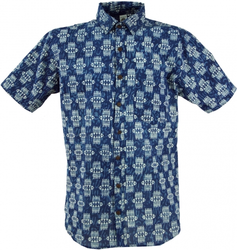Casual shirt, Goa hippie shirt, short sleeve men`s shirt with African print - indigo