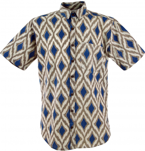 Freizeithemd,Goa Hippie Hemd, Kurzarm Herrenhemd mit afrikanischem Druck - marine/sand