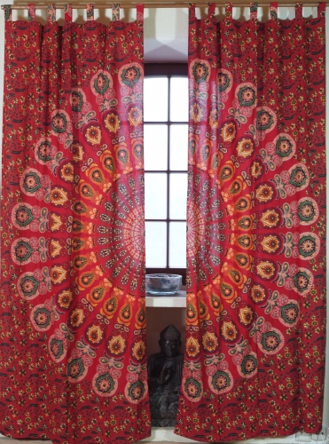 Boho Vorhnge, Gardine (1 Paar ) mit Schlaufen, handbedruckter ethno Style Vorhang, Mandala Motiv - rot/orange - 220x100x0,2 cm 