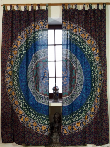Boho curtains, curtain (1 pair ) with loops, hand printed ethno style curtain, mandala motif - blue/brown - 230x100x0,2 cm 