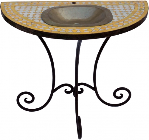 Semicircular mosaic washbasin with small brass sink and rustic metal stand - white/yellow - 85,5x90x45,5 cm 