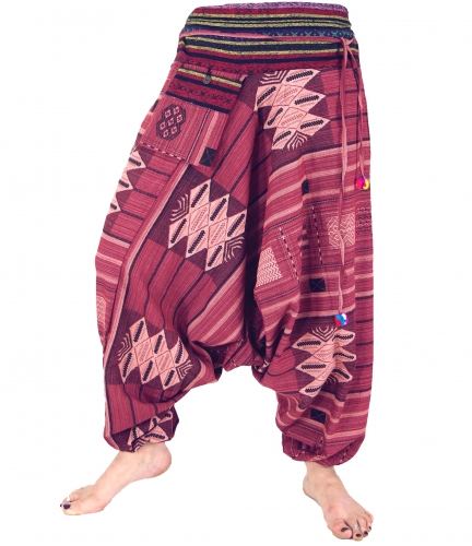 Harem pants with ikat pattern and drawstring - berry