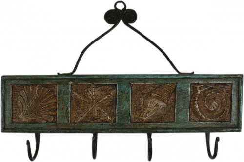 Indian vintage wooden wall hook `shell`, hook rail, key rack - 25x42x3 cm 