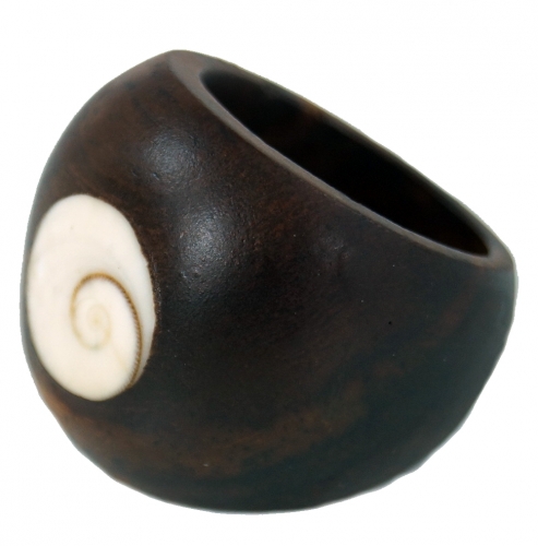 Hand-carved wooden ring with engraved shell inlay - model 8