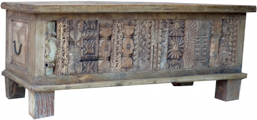 Antike Holzbox, Holztruhe, Couchtisch, Kaffeetisch aus Massivholz, aufwndig verziert - Modell 28 - 48x128x44 cm 