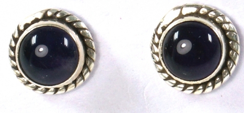 Indian silver stud earrings, round boho stud earrings with embellishment - amethyst 0,7 cm