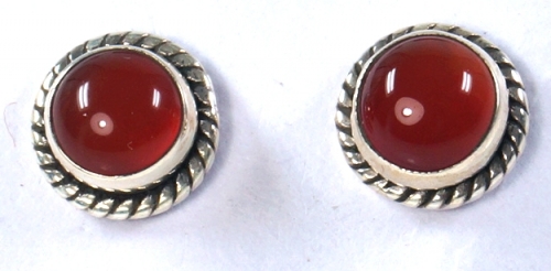 Indian silver stud earrings, round boho stud earrings with ornament - carnelian 0,7 cm