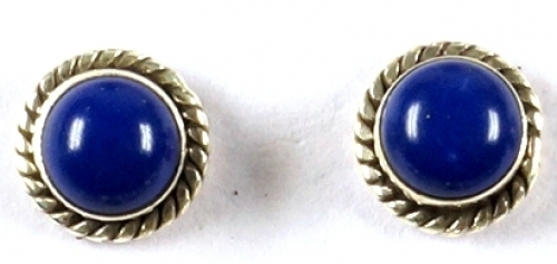 Indian silver stud earrings, round boho stud earrings with ornament - lapis lazuli 0,7 cm