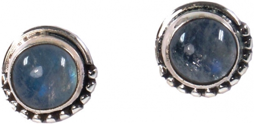 Indian silver stud earrings, round boho stud earrings with ornament - moonstone