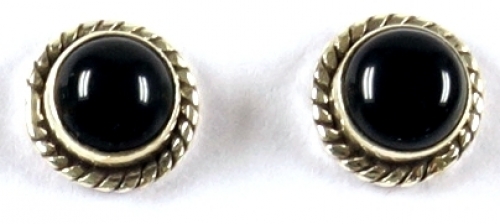 Indian silver stud earrings, round boho stud earrings with decoration - onyx 0,7 cm