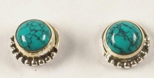 Indian silver stud earrings, round boho stud earrings with decoration - turquoise 0,8 cm