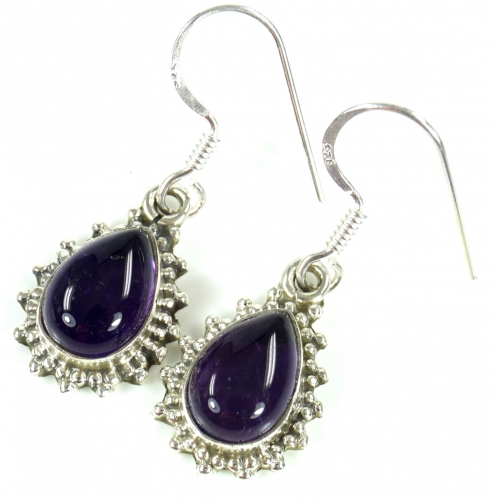 Indian boho silver earrings, small drop shaped earring - amethyst - 2,5x1x0,7 cm 