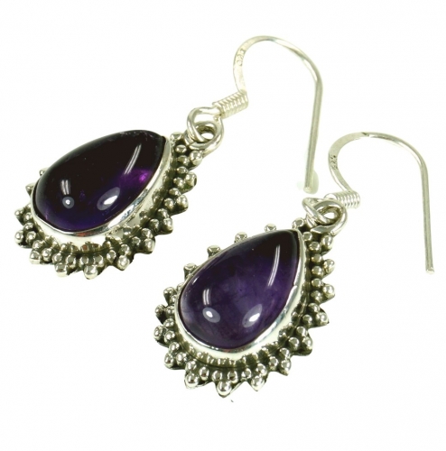Indian Boho silver earrings, drop shaped earrings - Amethyst - 3x1,3x0,7 cm 