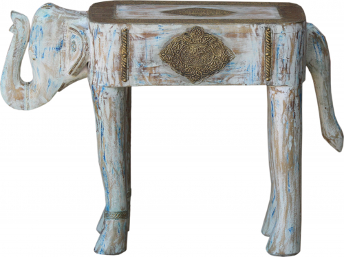 Vintage stool, elephant-shaped flower bench with drawer - blue and white - 39x55x22 cm 