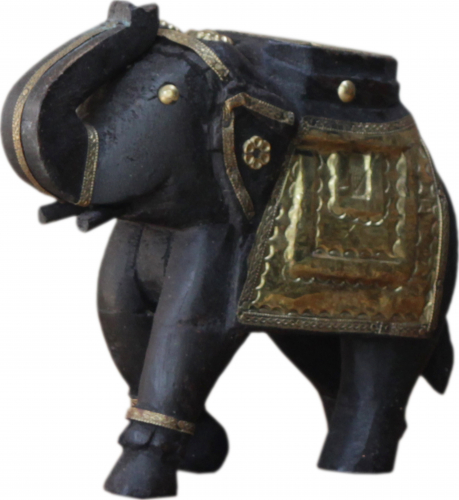 Decorative carved elephant with brass ornaments - 16cm