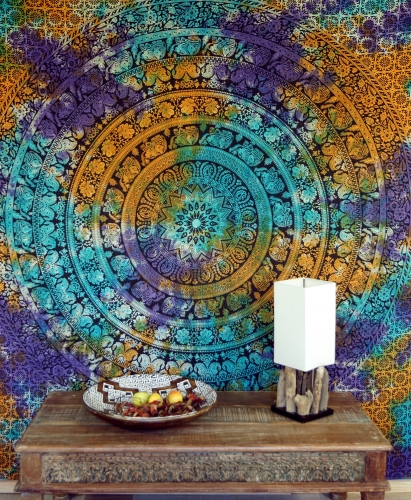 Boho-Style Wandbehang, indische Tagesdecke Mandala Druck - batik - 240x210 cm