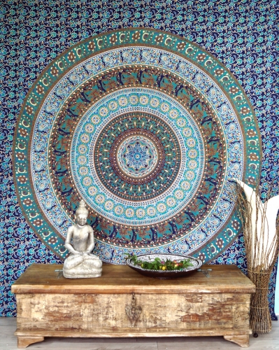 Boho-Style Wandbehang, indische Tagesdecke Mandala Druck- blau/grün - 225x205 cm